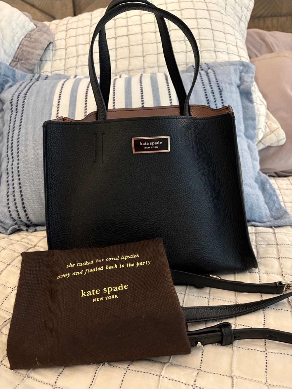 late spade Black Leather Structured Tote with crossbody strap and dust bag